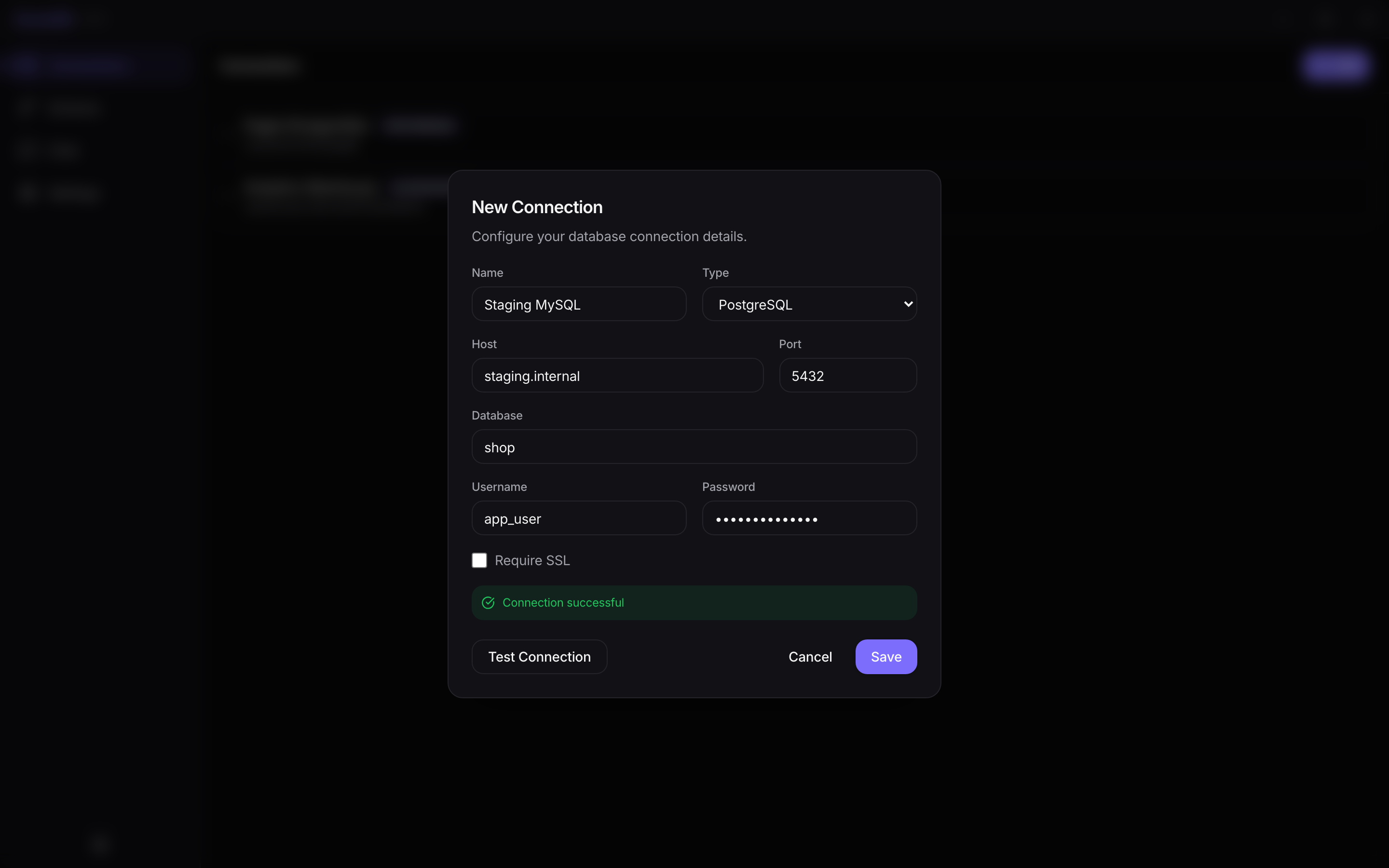 The add-connection form with a successful test