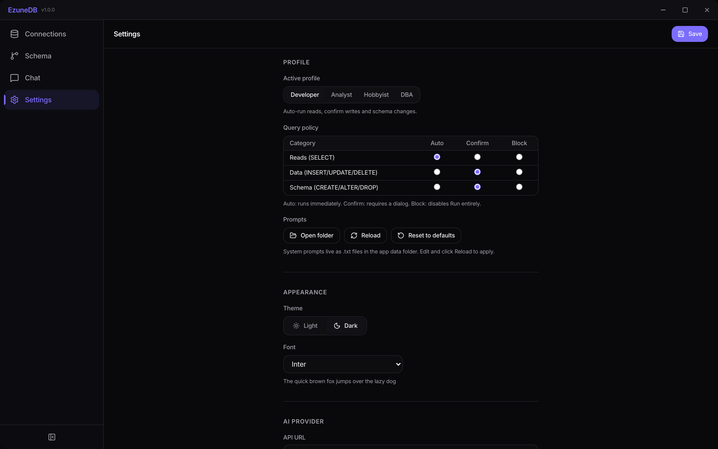 AI provider configuration in Settings