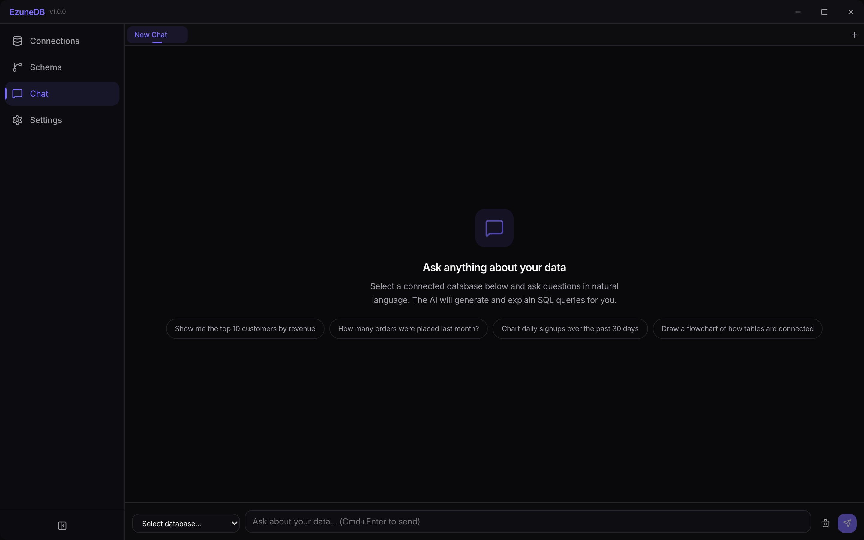 The EzuneDB main window with sidebar, tab bar, and chat