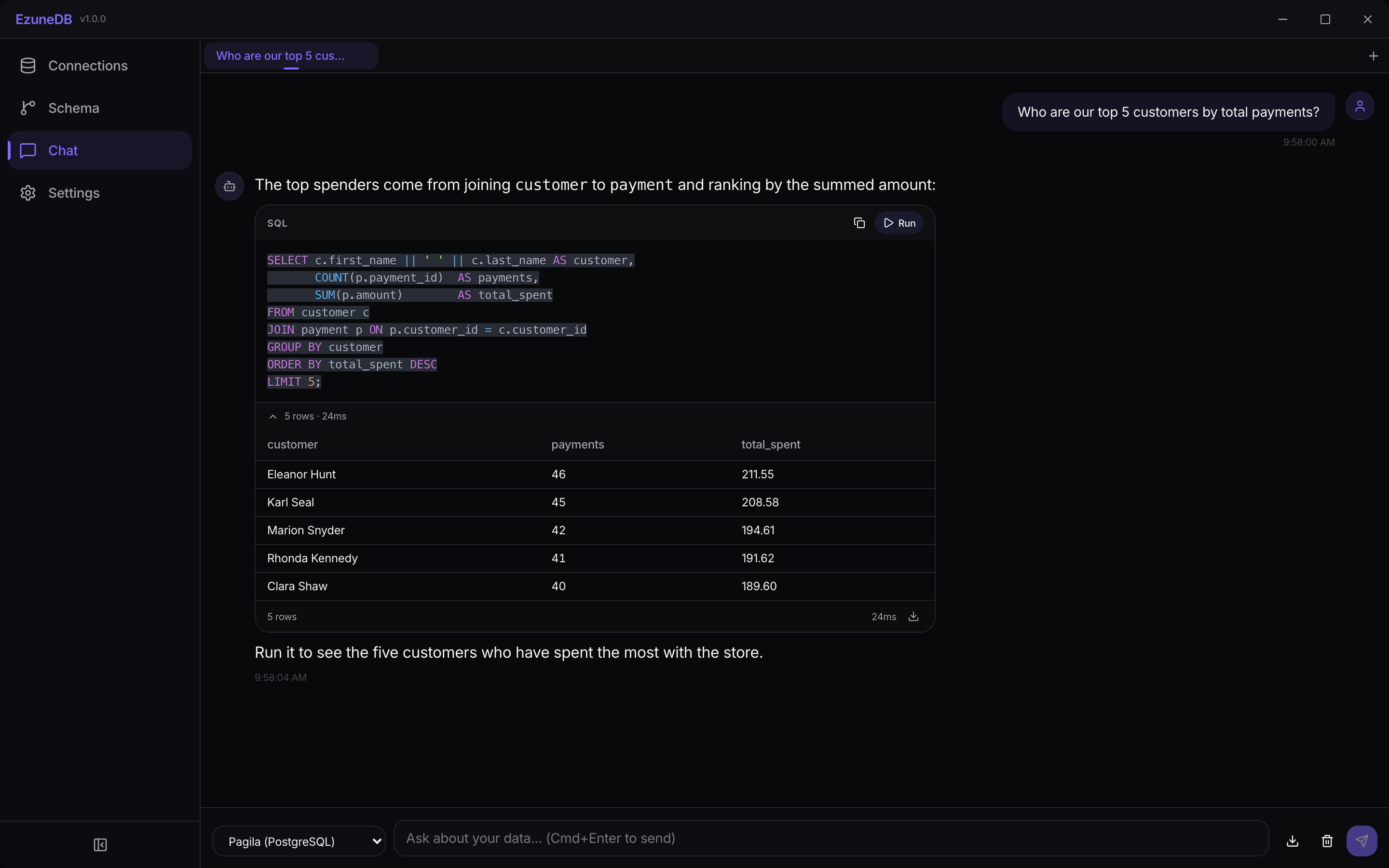 Query results rendered inline